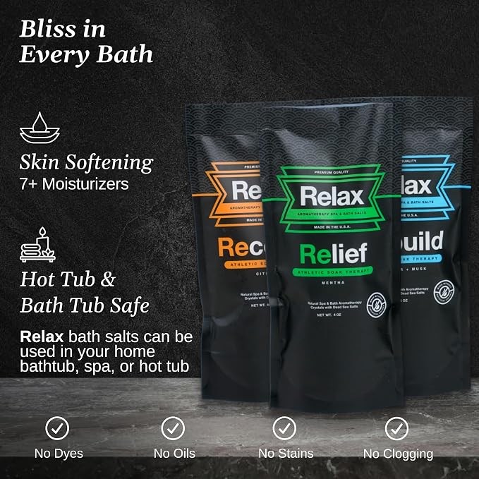 Relax Spa & Bath, Epsom & Dead Sea Salts, Aromatherapy Bath Salts for Hot Tub, Bath, or Spa, Infused with Magnesium, Muscle Recovery & Sports Recovery, 3 Pack, Relax Athletic Collection, 4 oz Each