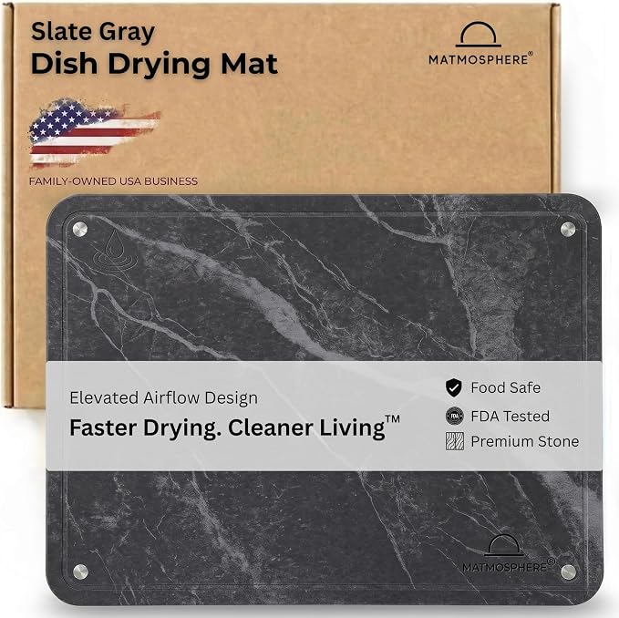 LARGE MATMOSPHERE Stone Dish Drying Mat for Kitchen Counter – Fast Absorbing Diatomaceous Mat with Stainless Steel Legs, Quick Dry, Dish Rack Mat, USA Small Business, 18”x14”, Slate Gray