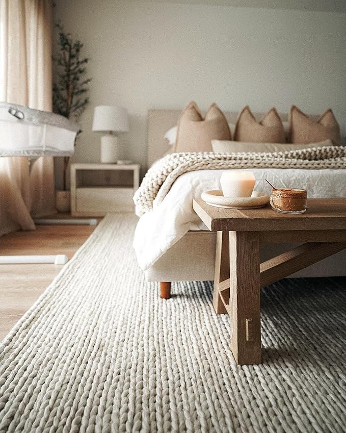 FRELISH DECOR Wool Cotton Area Rug for Living Room and Bedroom, 6'x9' Handwoven Braided Chunky Knit Cable Rugs, Farmhouse Contemporary Area Rug: Wool Ivory Premium