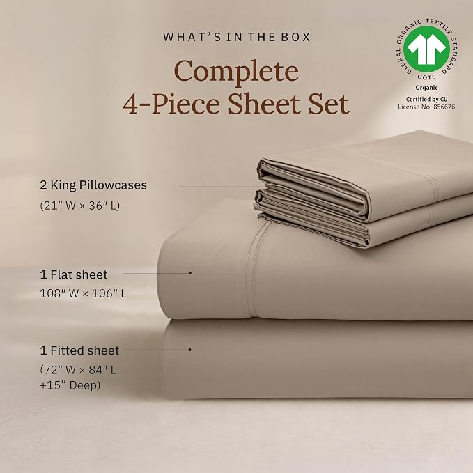 California Design Den California King Sheet Set - 100% Organic Cotton, Soft and Lightweight Sateen, Deep Pockets, Durable Sheet & Pillowcase Sets - Warm Taupe