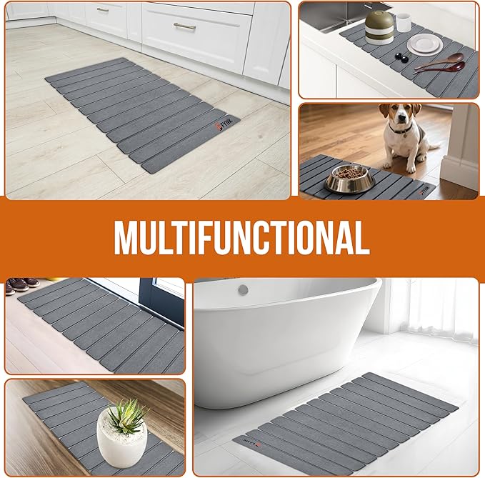 Stone Drying Mat for Kitchen Counter - Large Slats Dark Gray Foldable Diatomaceous Earth Dish Drying Mat | Foldable and Super Absorbent Dish Drying Stone Mat (12 Slats - XL)