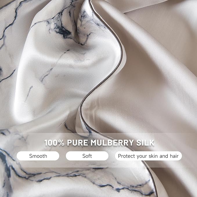 THXSILK Natural Mulberry Silk Pillow Case, Mulberry Silk Pillowcase for Hair and Skin, Hypoallergenic Soft Breathable Pillow Cover with Hidden Zipper, 1pc (Grey Marble, Standard 20"x26")