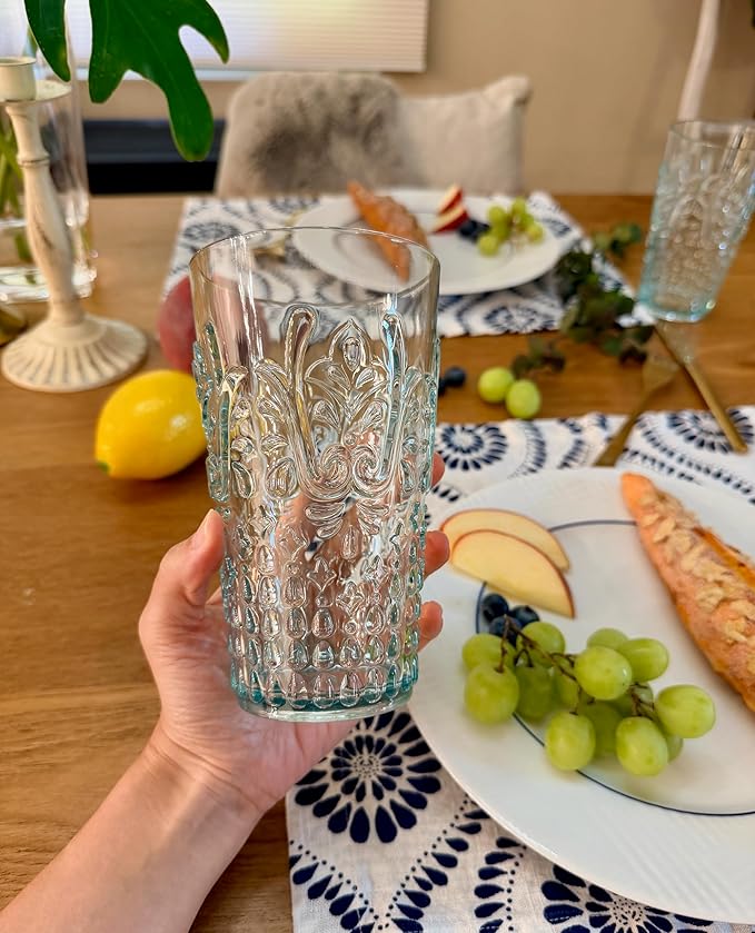 KLIFA- BLOIS- 20.5 ounce, Set of 6, Acrylic Highball Drinking Glasses, BPA-Free, Stackable Plastic Drinkware, Dishwasher Safe, Vintage Looking Cups, Light Teal