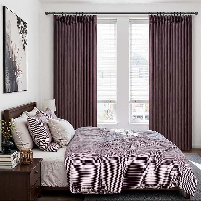 PleatedDrapes Purple Double Layer Linen Blackout Curtains 40 x 102 Inches Long for Bedroom, Memory Trained Pinch Pleat Thermal Light Blocking Privacy Decorative Window Drapes 2 Panels 8-1/2 FT Length