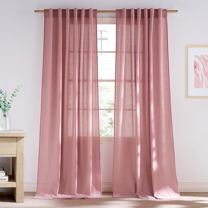 NICETOWN Thick Pink Sheer Curtains 96 inches Long for Girls Room, Rod Pocket & Back Tab Flax Linen Burlap Window Treatments Privacy Assured with Light Filtering for Bedroom, W55 x L96, 2 Panels