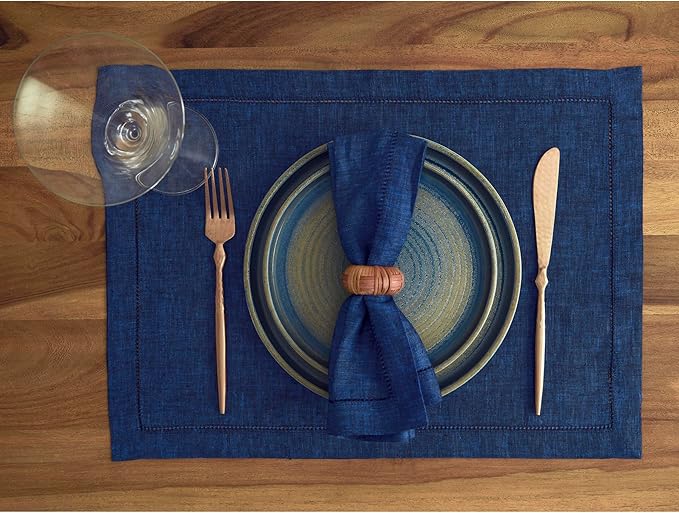 Solino Home Royal Blue Linen Napkins Set of 4-100% Pure Linen Hemstitch Dinner Napkins 20 x 20 Inch for 4th of July, Summer - Milan