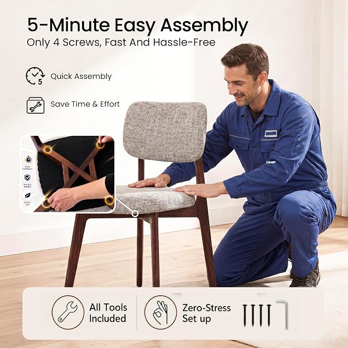 COLAMY Dining Chairs Set of 6, Modern Upholstered Kitchen Room Chairs with Solid Red Oak Wood Legs, 5-Min Easy Assembly Anti-Wobble, High-Weight Fabric Farmhouse Side Chair,300LBS,Walnut,Oatmeal