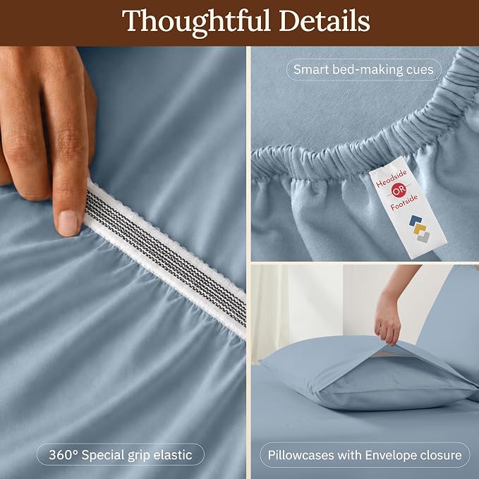 California Design Den Queen Size Sheets Set - 100% Organic Cotton, Soft and Lightweight Sateen, Deep Pocket Queen Bed Sheet Set, Durable Bedding - Pastel Blue