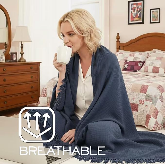 KyraHome 100% Organic Cotton Throw Blanket, 50"x60", Pre-Washed Plant Dyed, Breathable, Lightweight Gauze Muslin Blanket for Adult, Couch, Bed, Travel, All Season (Navy)
