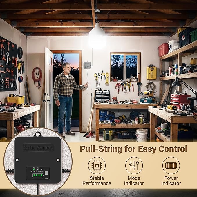 Solar Shed Light Indoor Outdoor, 6500K Daytime Available Pendant Light with Pull String, Power Display & Mode Indicator, IP65 Waterproof Solar Lights with 3 Lighting Modes for Garage Gazebo - 1 Pack