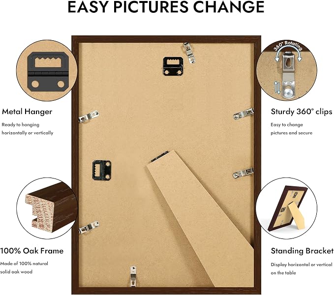 Hongkee 10x14 Oak Wood Picture Frame 1 Pack(Matted 8x12), Real Glass Cover | Walnut, 10 x 14 Solid Wood Frame for Wall or Tabletop Display - Includes Easel Back, Vertical Hang - Ideal for Home, Office