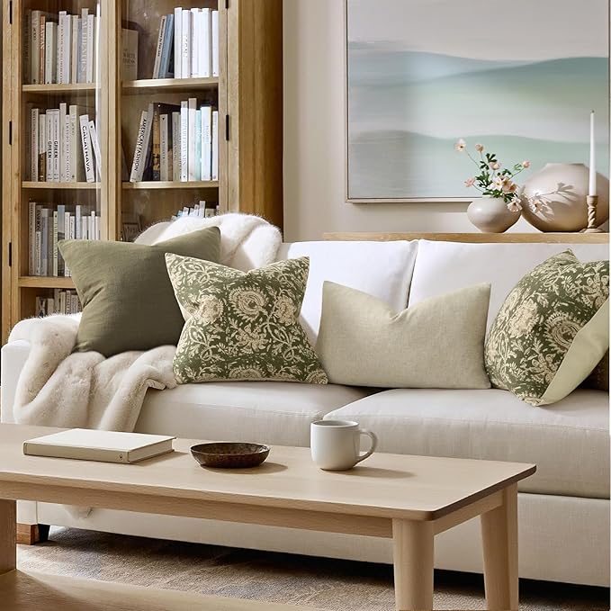Vintage Floral Print Throw Pillow Covers 16x16 Set of 2 Neutral Modern Farmhouse Accent Decorative Cushion Covers Boho Home Decor for Couch Sofa Chair Bed Living Room, Olive Green