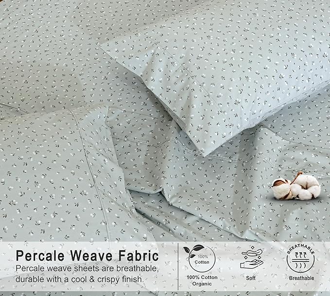 RUVANTI 100% Cotton Organic Percale Sheets Full Size – Crisp Cooling Bed Sheets for Hot Sleepers, Deep Pocket 15”, Soft Peach Finish, Breathable & Durable Hotel-Style 4 Pcs, Bud Club