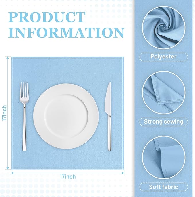 SuperO Set of 120 Cloth Napkins 17 x 17 Inch, Polyester Solid Washable Dinner Napkins with Hemmed Edges,Great for Restaurant, Wedding and Party(Blue Mist)
