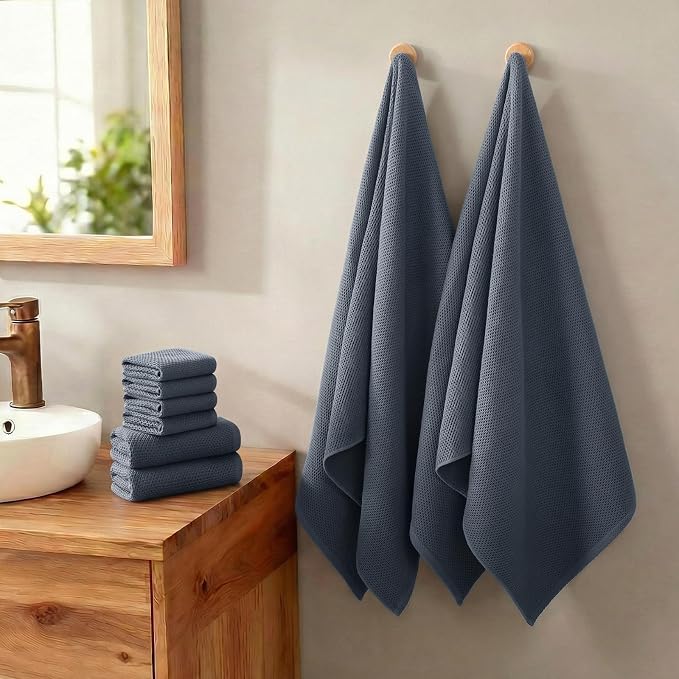 REDKISS Quick Dry Waffle Towel Set of 8, 100% Cotton,Lightweight & Highly Absorbent Waffle Towels for Bathroom, Spa, Gym, Pool-2 Bath Towels, 2 Hand Towels & 4 Washcloths,Dark Gray