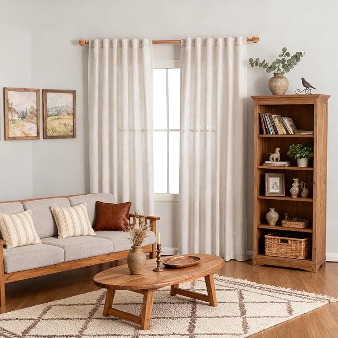 MYSKY HOME Natural Linen Curtains for Living Room, Semi Sheer Curtains & Drapes 84 inches Length 2 Panels Set Farmhouse Country Style Back Tab Draperies for Sliding Glass Door, 50" Wide, Linen