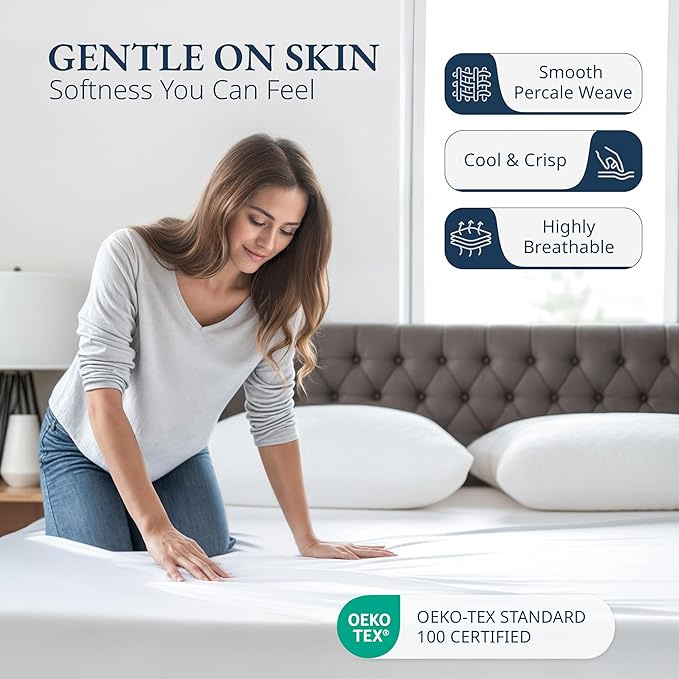 LANE LINEN 100% Organic Cotton Fitted Sheet Queen, 15" Deep Pocket Snug Fit Fully Elasticized Naturally Temperature Regulating Soft & Comfy Deep Pocket Queen - White (+Pillowcases)