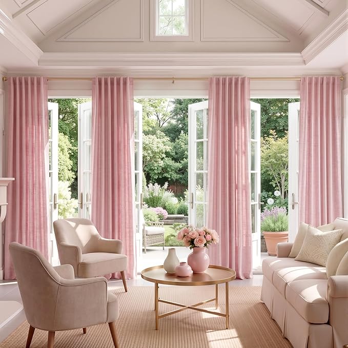 NICETOWN Pink Linen Curtains 96 inch Long 2 Panels Set, 55" Wide Thick Flax Linen Blend Organic Home Decor Rod Pocket & Back Tab with Light Filtering for Bedroom/Living Room