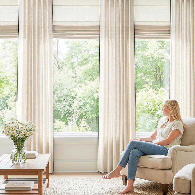jinchan Beige Linen Blend Curtains with Black Trim, French Style Drapes for Living Room Bedroom 2 Panels 96 Inches Length Neutral Curtains Farmhouse Modern Window Treatment with Rod Pocket Back Tab