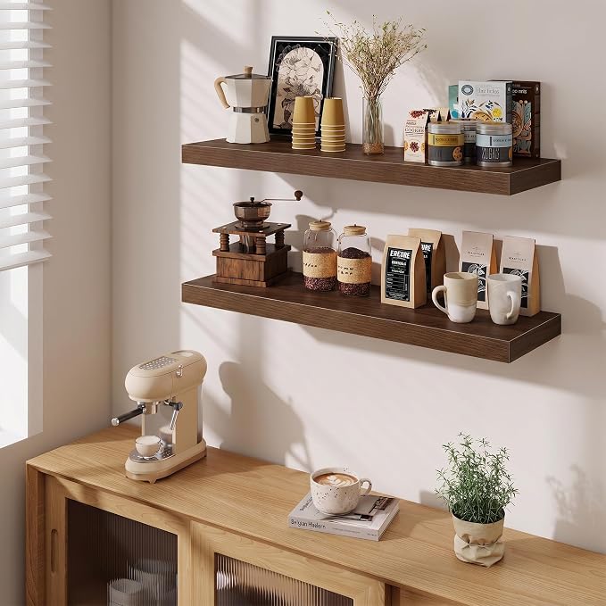 Fun Memories Floating Shelves for Wall 36 Inches, Wood Shelves with Invisible Bracket, 10" Deep Shelves Wall Mounted, Large Wood Floating Shelves for Living Room Bathroom, Walnut, Set of 3