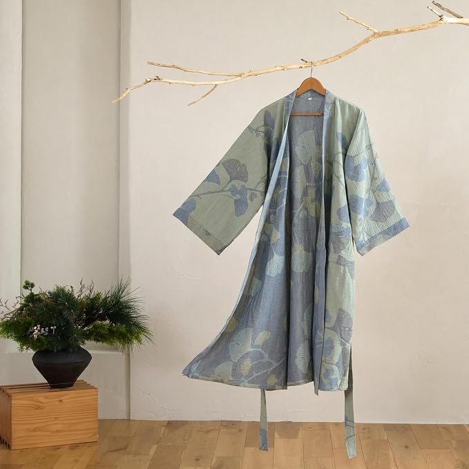 100% Cotton Gauze Ginkgo Leaf Kimono Robe, Long Knit Loose Bathrobe Nightgown Ladies Loungewear Sleepwear for Women