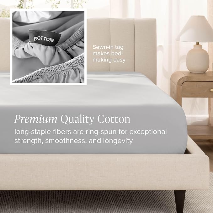 Bare Home 100% Organic Cotton Twin Extra Long Sheet Set - 400 Thread Count - Smooth Sateen Weave - Breathable & Cooling - Hotel Luxury Set - Deep Pocket Bed Sheets (Twin XL, Light Grey)