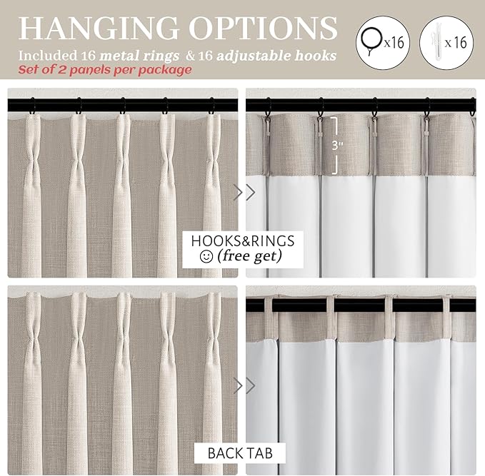 Extra Long 120 Inch Full Blackout Greyish Beige Curtains for Room Divider, Memory Trained Pinch Pleated Ceiling Natural Linen Textured Windows Drapes Insulated Privacy 10FT Length Curtain 2 Panels Set
