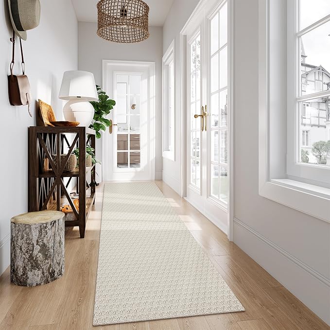Collive Long Rug Runners for Hallways 12ft, Washable Farmhouse Bedroom Carpet Tan Non Slip Kitchen Runner Rugs, Low-Profile Braided Woven Entryway Carpets for Bathroom Front Door