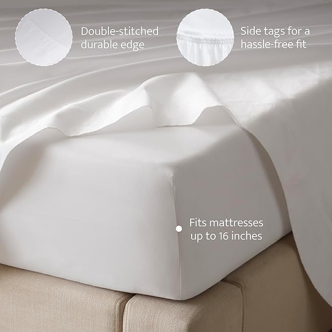 Double Stitch 100% Organic Cotton Sheets, King Size Sheets Set, GOTS Certified Long Staple Cotton Bedsheets, Luxury & Soft Hotel Bed Sheets with 16 inches Deep Pocket, Made in India Pure White