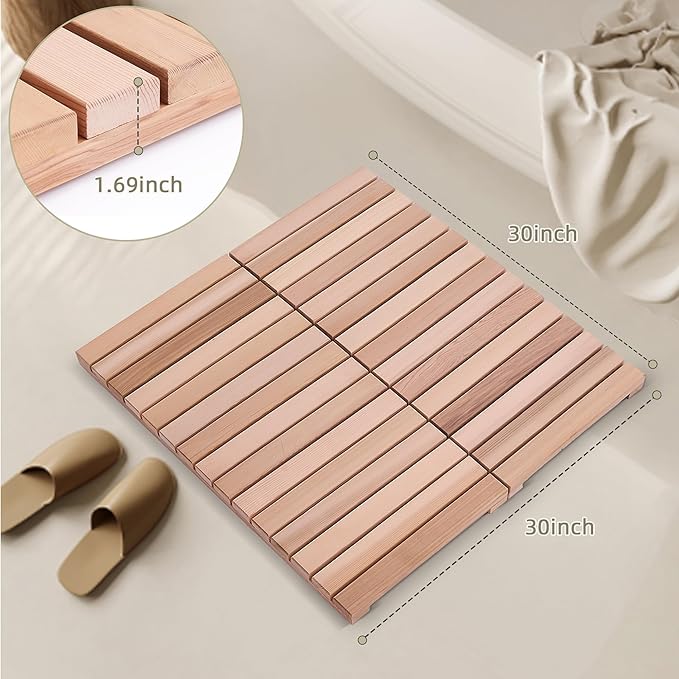 bingaai Cedar Wood Shower Mat, Cedar Wooden Bath Mats, 30" Square Mat, Foldable Wood Bath Mat Non-Slip for Bathroom Bathtub Spa Sauna Garden Home, Wooden Floor Mat Large for Indoor and Outdoor