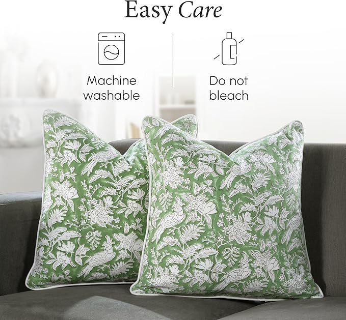 CPC 100% Cotton Throw Pillow Covers 24x24 Inch, Set of 2 Green Block Print Pattern Couch Pillow, Cute Boho Decorative Pillows for Living Room, Bedroom with Hidden Zipper- Olive Green