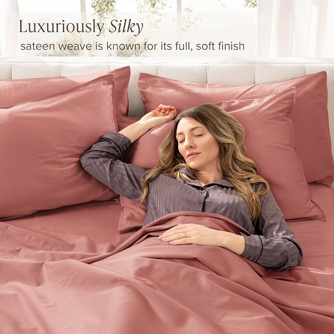 Bare Home 100% Organic Cotton Queen Sheet Set - 400 Thread Count - Smooth Sateen Weave - Breathable & Cooling - Hotel Luxury Set - Deep Pocket Bed Sheets (Queen, Dusty Rose)
