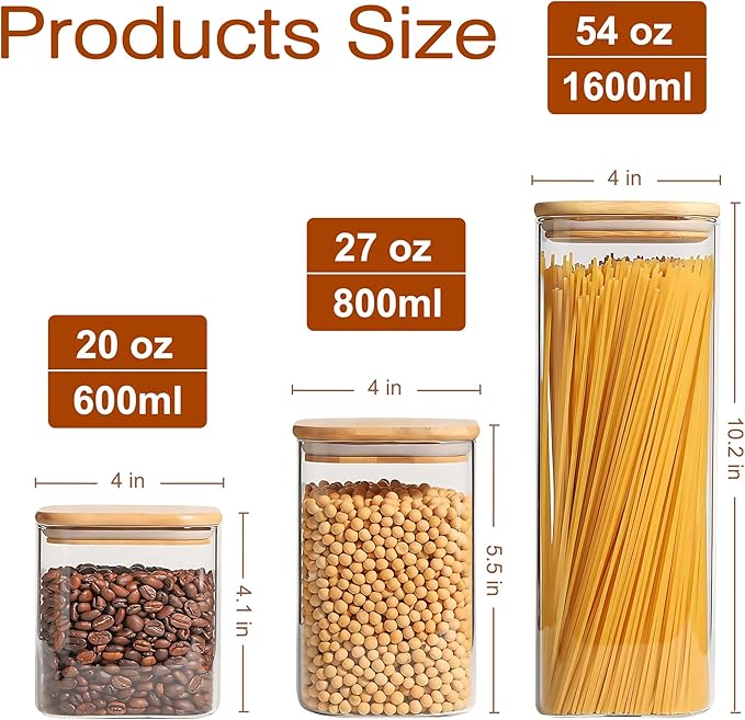 YMMIND Glass Food Storage Jars Set of 3 with Bamboo Lid Airtight Glass Storage Canister, Square Kitchen Clear Food Storage Container Jar, for Pasta, Coffee, Cookies, Nuts, Cereal, Oats, Flour