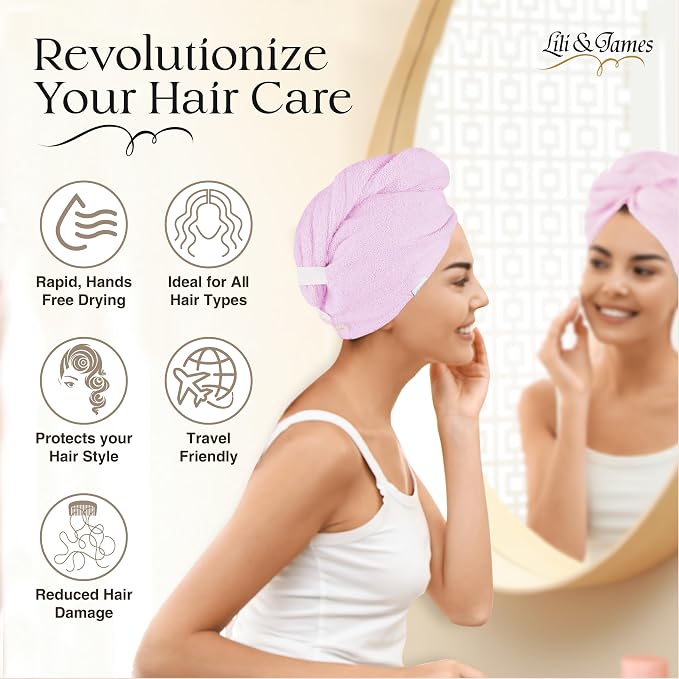 Lili&James 100% Cotton Hair Towel Wrap for Women & Kids – 420 GSM Quick Dry Hair Turban with Double Button Loop, Anti Frizz Non Microfiber Hair Drying Towel for Long & Thick Hair (Blue+Pink+Aqua)