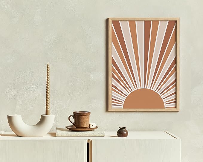Boho Rising Sun Wall Art Sunburst Rays Earth Tones Terracotta Mid Century Modern 11x14 Inch Oak Wood Beige Framed Minimalist Landscape Sunshine Print for Nursery Decor