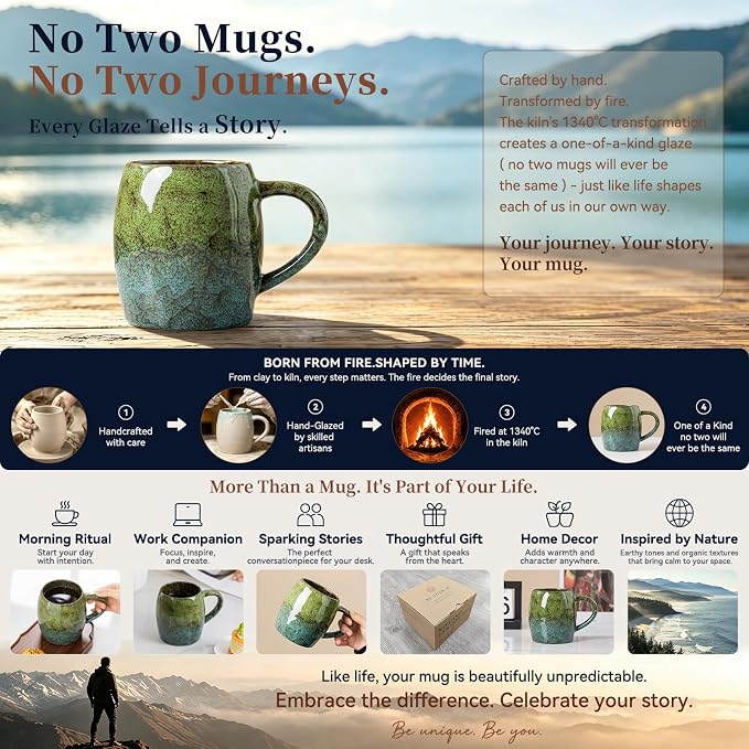 Handmade 22oz Ceramic Coffee Mug, Ergonomic Large Handle, Ideal Gift for Coffee Lovers, Microwave & Dishwasher Safe (Minute-Green&Blue)