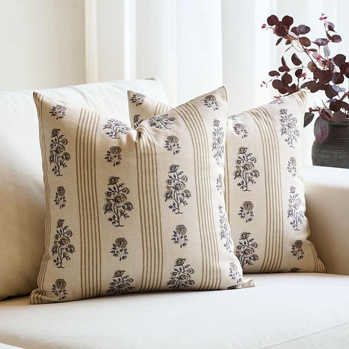 Amor Virisso Floral Throw Pillow Covers 20x20 Set of 2 Block Print Pillow Covers Neutral Floral Striped Farmhouse Decorative Pillow Covers for Sofa Couch Bed, Yellow