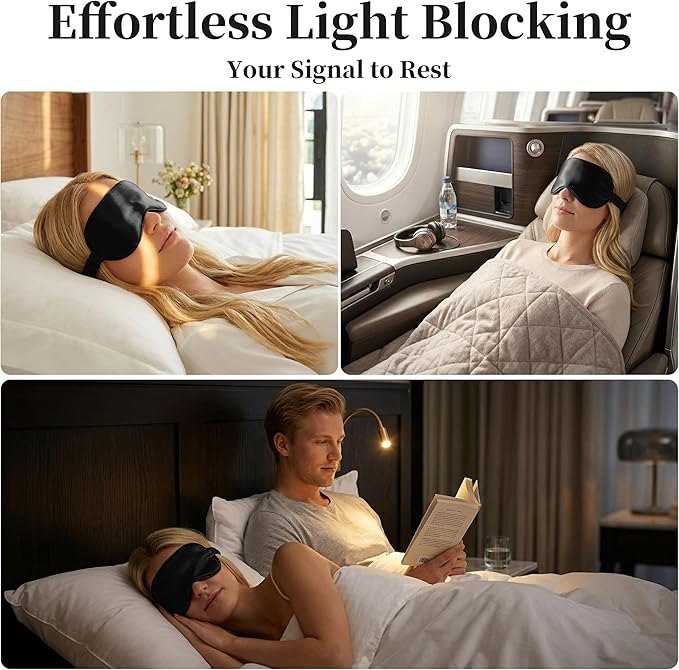 ZLYC 100% Mulberry Silk Sleep Mask Pressure-Free Eye Cover Soft Light Blocking Blindfold for Travel & Nap, Solid Black