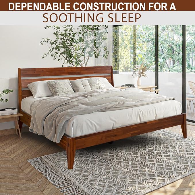 Acacia Emery Bed Frame with Headboard Solid Wood Platform Bed, Queen Size Bed Frame, Mid - Century Modern Wood Bed Compatible with All Mattresses, Easy Assembly, Non-Slip, Chocolate.