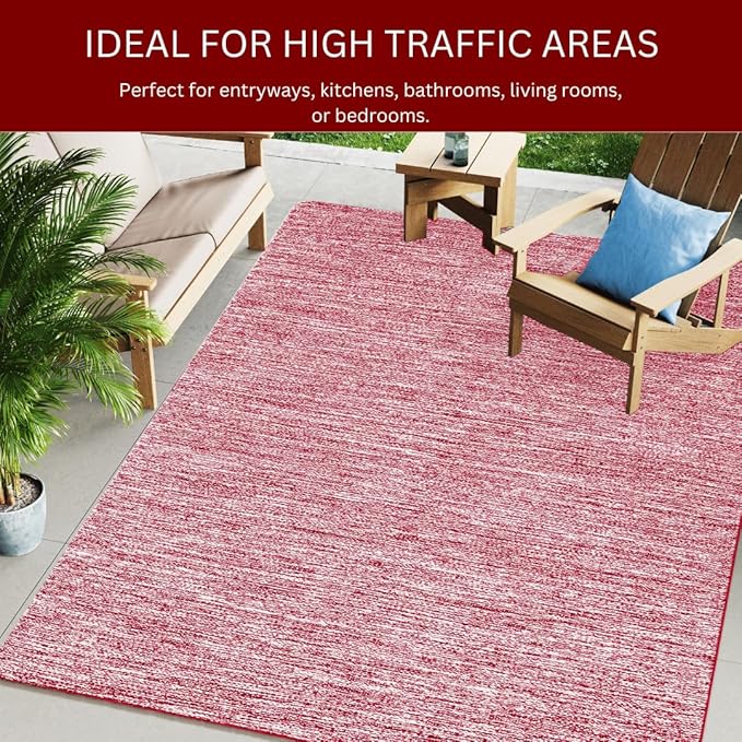 Hand Woven Area Rug 4x6 Feet - Rustic Farmhouse Bohemian Accent Rug for Living Room Bedroom Kitchen Entryway Floor Mats - Ideal for High Traffic Areas 100% Cotton Rag Rug Red