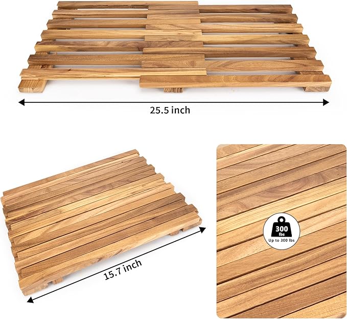 21"x14"Teak Shower Mat – Solid Non-Slip Bathtub & Shower Mat, Natural Wooden Bathroom Floor Mat, Bath Mat for Spa, Sauna Room, Pool, Indoor & Outdoor Use