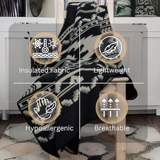 Alpaca Wool Throw Blanket, Native Design Wool Blanket, Throw Aztec Pattern Alpaca Wool Throw Blanket (Black, Throw 78"x48")