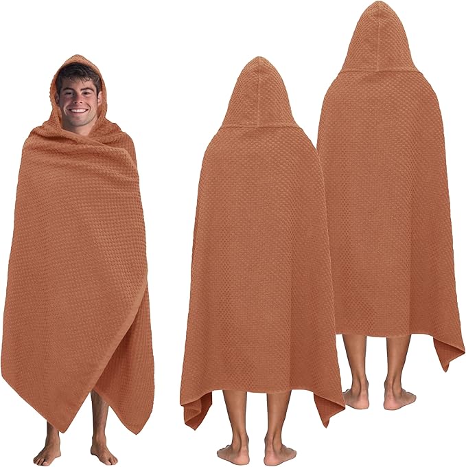 COTTON CRAFT Hooded Bath Towel – 2 Pack Oversized 35x70 Waffle Weave Towel with Hood for Adults - 100% Ringspun Cotton Pool Bath Sheet Wrap with Hood - Soft Super Absorbent Quick Dry – 450 GSM – Mocha