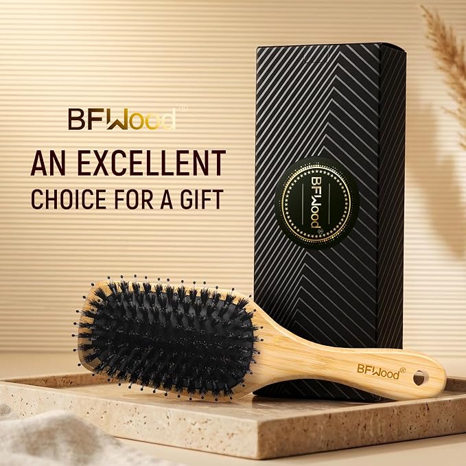 BFWood Boar Bristle Hair Brush - Natural Bamboo Hair Brush with Boar Bristle, Paddle Detangling HairBrush for Women Men Thick Curly Thin Long Short Wet Dry
