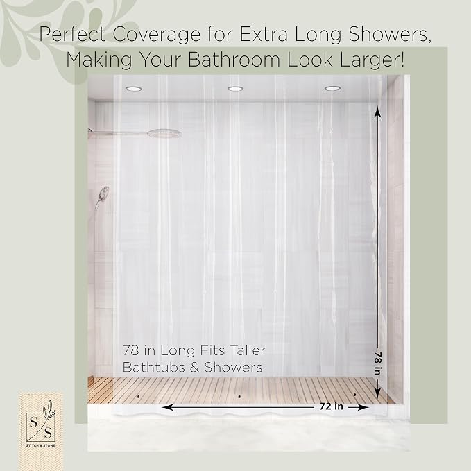 Stitch & Stone Shower Curtain Liner, Premium Medium Weight Durable Waterproof 6g PEVA for Bathroom with Weighted Magnets, Extra Long 72" x 78", Clear 1 Pack