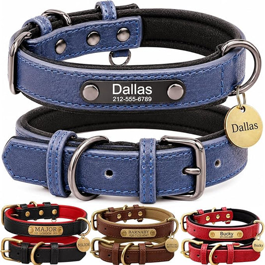 Leather Dog Collar Personalised and Leash Set, Personalized with Soft Padded Design Heavy Duty Featuring Custom Engraved Name Plate for Small Medium and Large Dogs