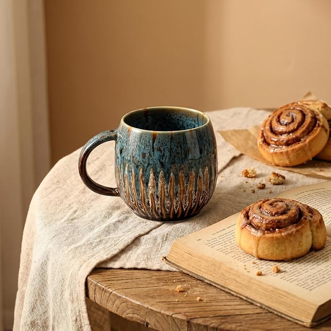 20oz Large Coffee Mug - Unique Handcrafted Look Ceramic Cup, Large Tea Mug, Microwave & Dishwasher Safe (blue,Set of 4)
