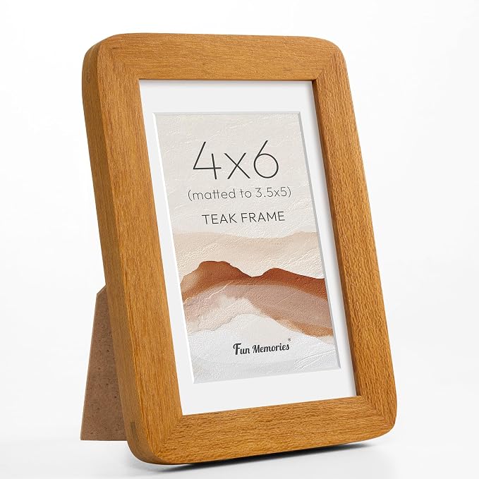 Fun Memories 4x6 Picture Frame - Solid Teak Wood Frame, Handcrafted 4x6 Photo Frame Matted to 3.5x5 with Real Glass, Wall or Tabletop Display, 4 By 6 Photo Frame Wood, Natural Teak