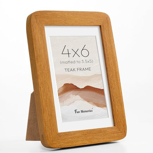 Fun Memories 4x6 Picture Frame - Solid Teak Wood Frame, Handcrafted 4x6 Photo Frame Matted to 3.5x5 with Real Glass, Wall or Tabletop Display, 4 By 6 Photo Frame Wood, Natural Teak