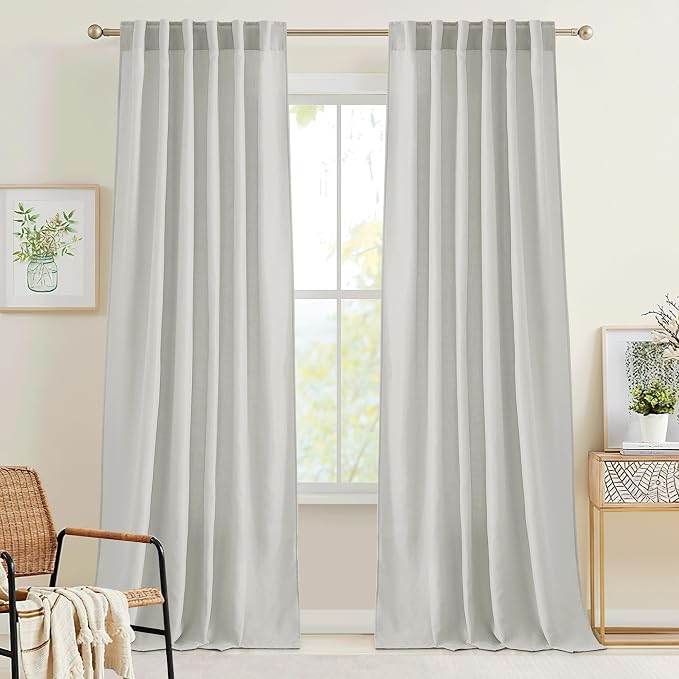RYB HOME Farmhouse Curtains 90 inches Long, Linen Textured Semi Sheer Flowy Privacy Blind Shade for Dormitory Sliding Glass Door, W 52 x L 90 inches, 2 Panels Set